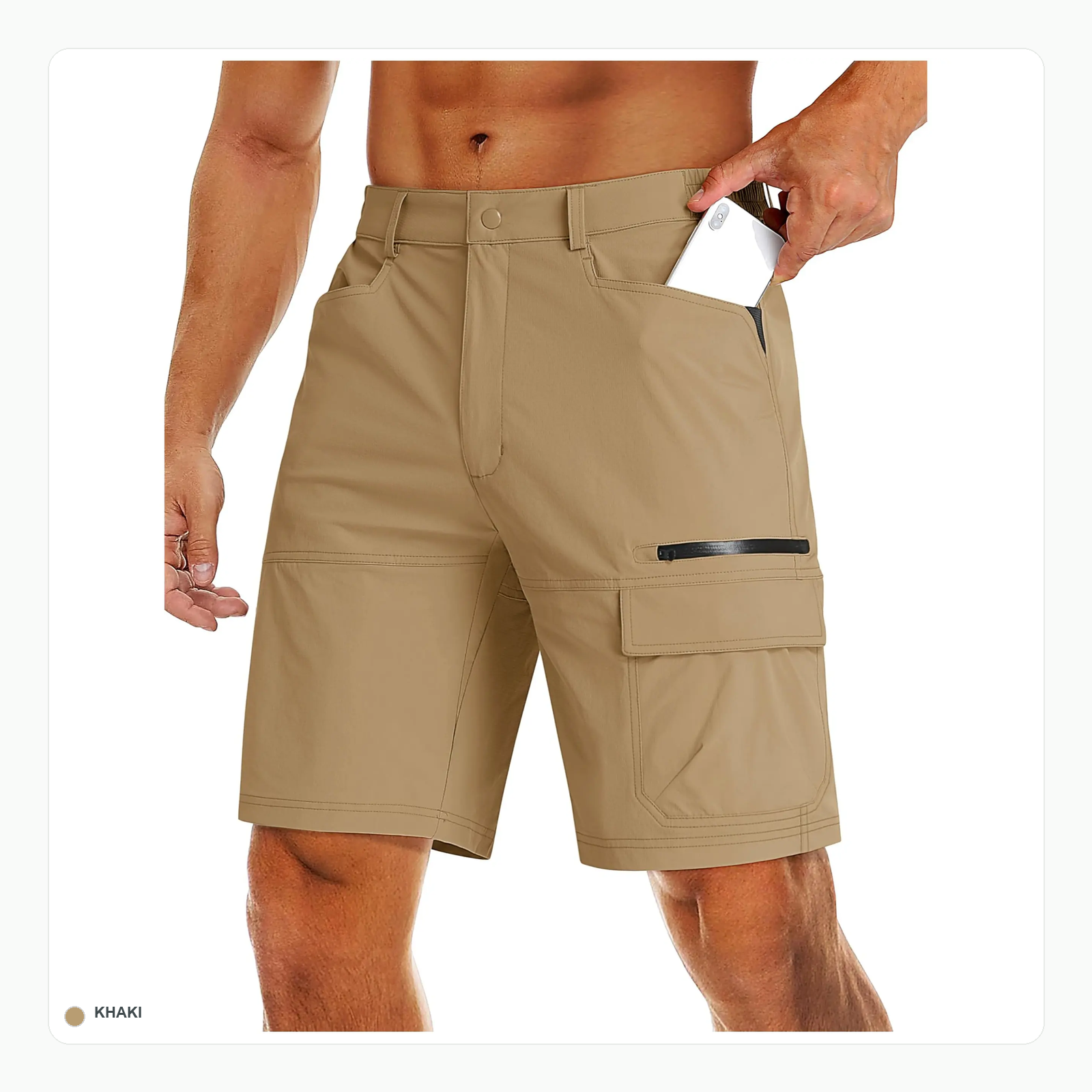 Khaki quick dry hiking cargo shorts front
