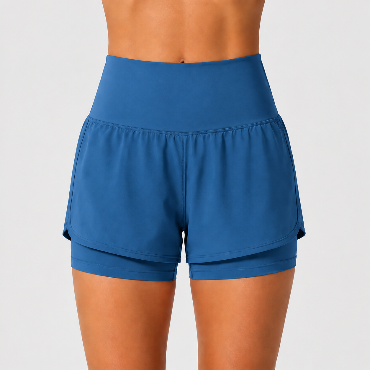 Majolica Blue super high waisted 2-in-1 yoga shorts front view
