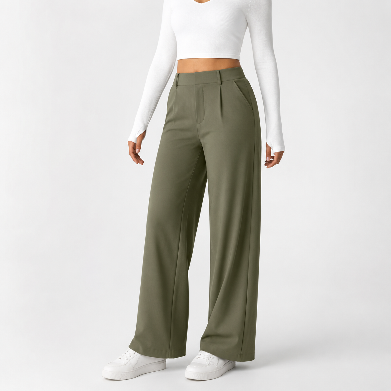 Moss Olive wide leg dress pants front view