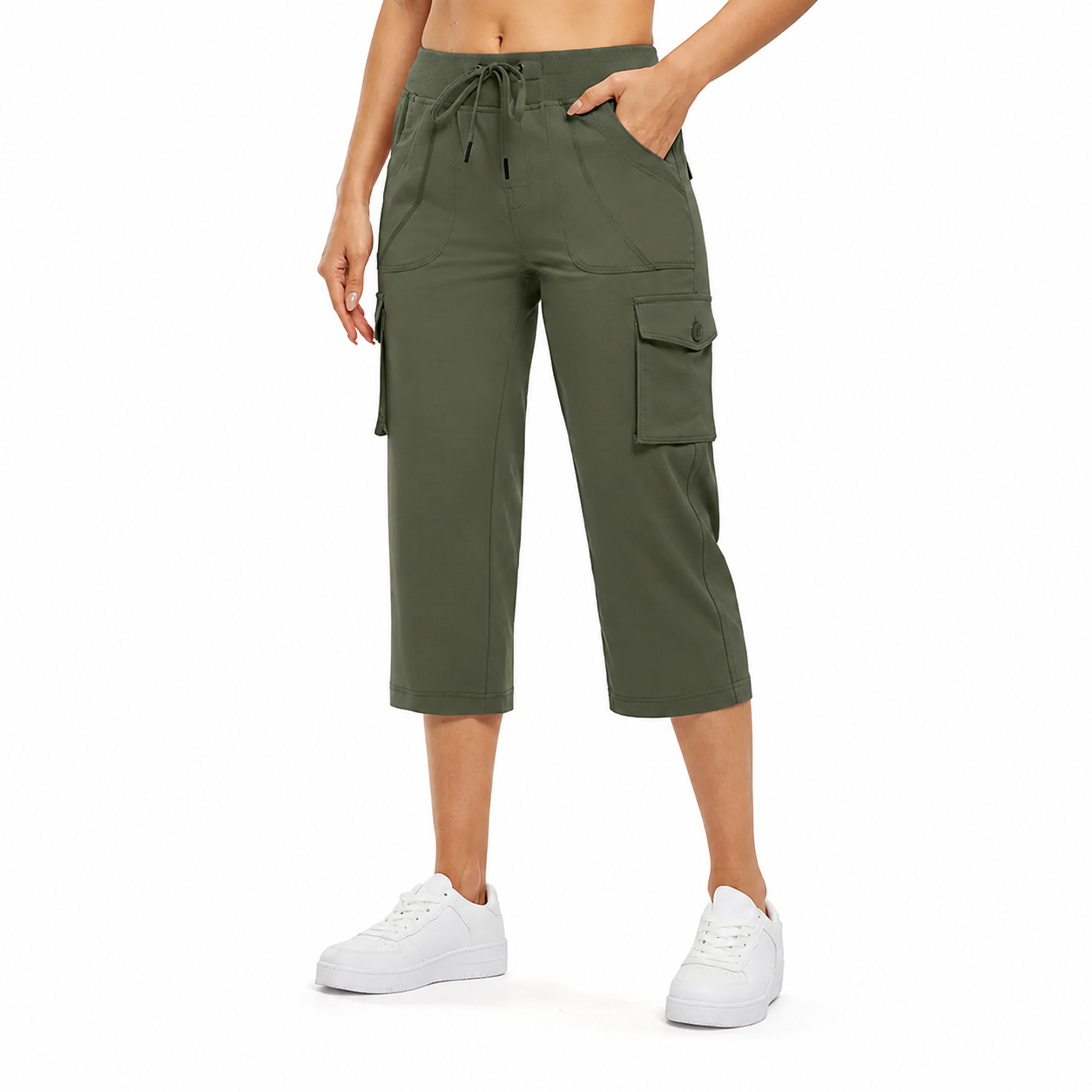 Moss Olive cargo capri pants front view