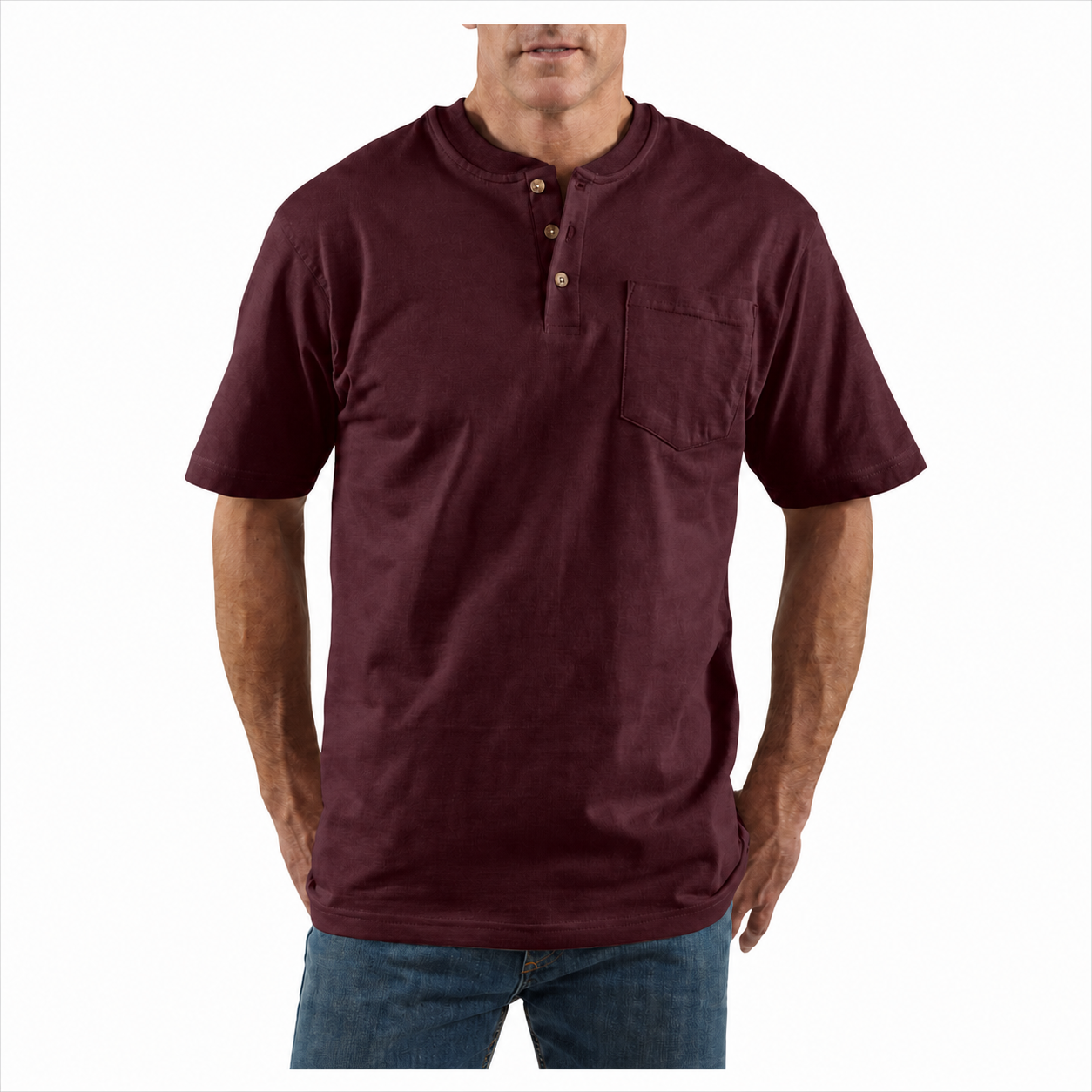 Oxblood Burgundy loose-fit midweight three-button pocket Henley front view