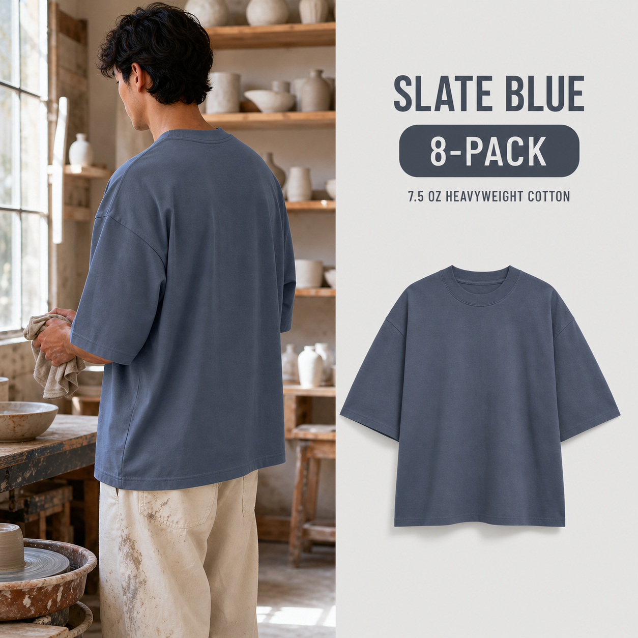 Slate Blue 8-Pack heavyweight oversized cotton T-shirt at a ceramics studio