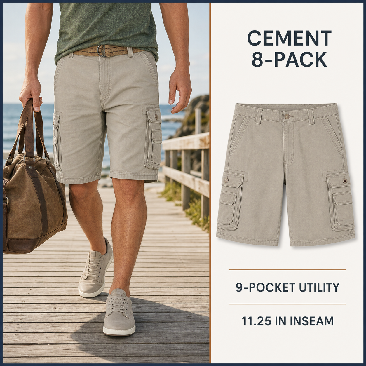 Cement 8-Pack cargo shorts on a boardwalk