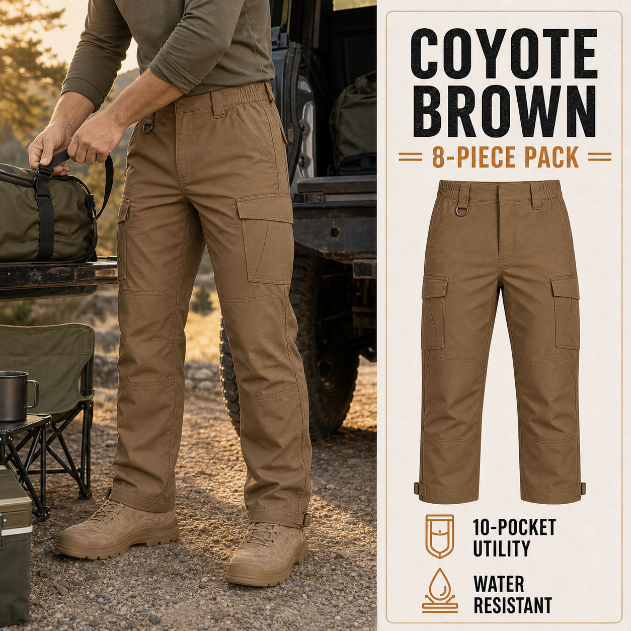 Coyote Brown 8-Pack lightweight ripstop tactical work pants