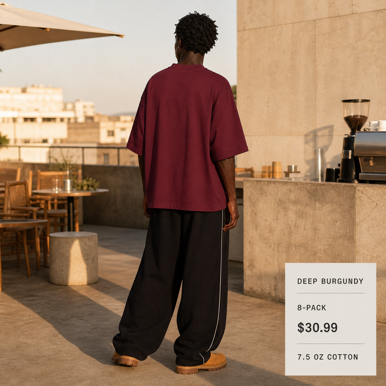 Deep Burgundy 8-Pack heavyweight oversized cotton T-shirt at a cafe