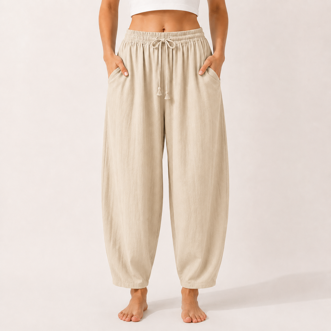 Light khaki linen blend wide leg palazzo pants front