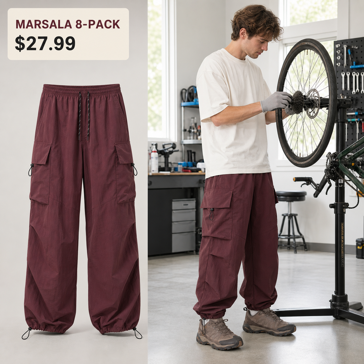 Marsala lightweight parachute cargo pants 8-Pack