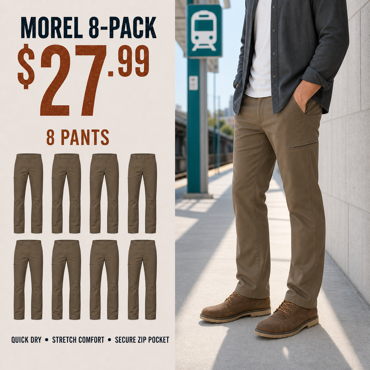 Morel utility pants 8-Pack in a bright commuter scene