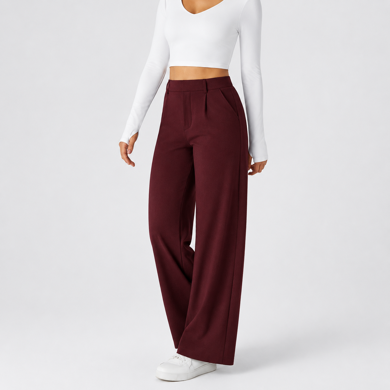 Oxblood Burgundy wide leg dress pants front view