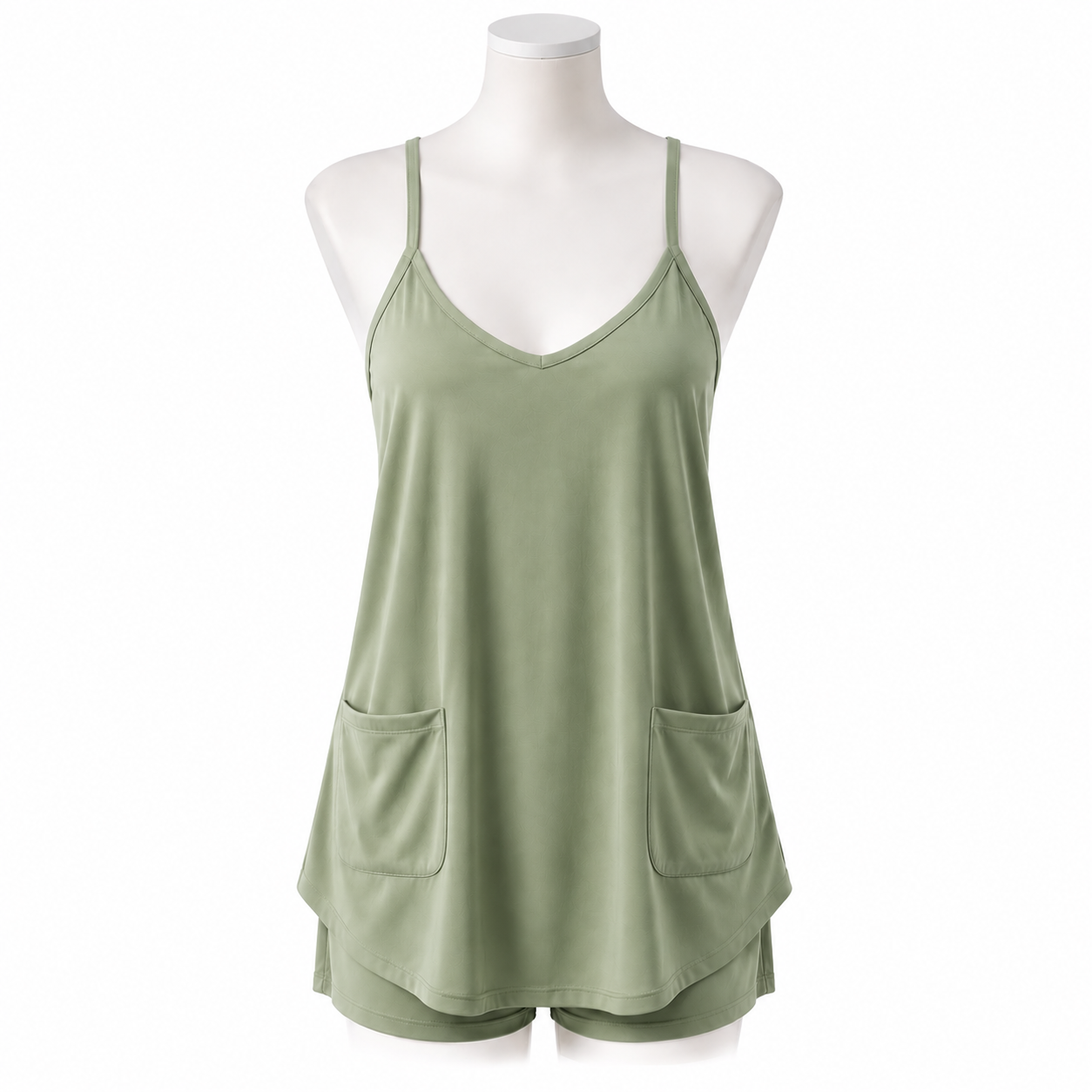 Sage Green sleeveless mini dress romper front view