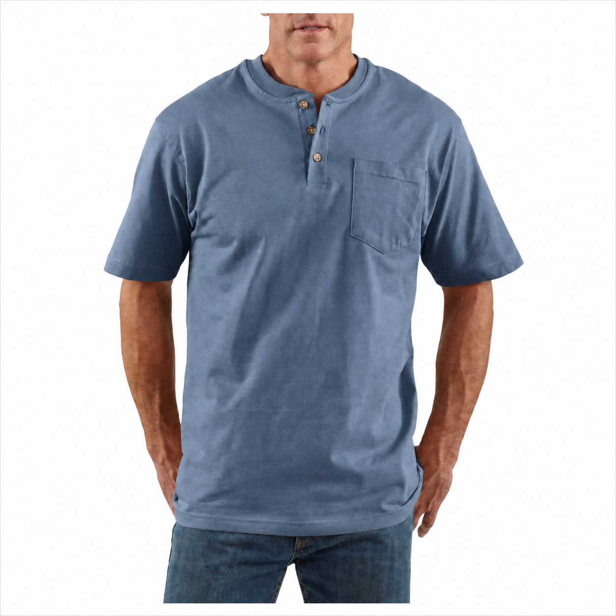 Steel Blue loose-fit midweight three-button pocket Henley front view