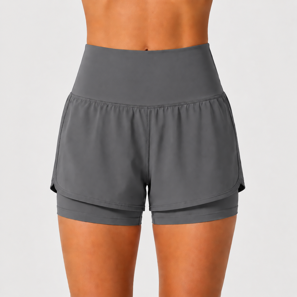 Steeple Gray super high waisted 2-in-1 yoga shorts front view