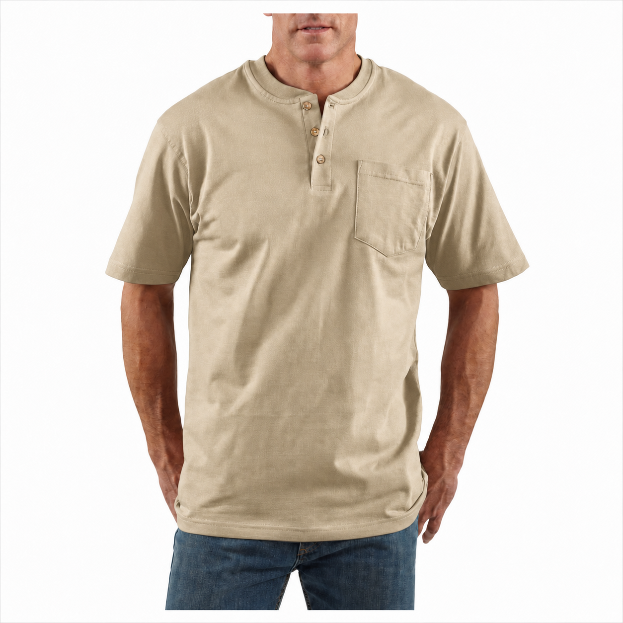 Desert Sand loose-fit midweight three-button pocket Henley front view