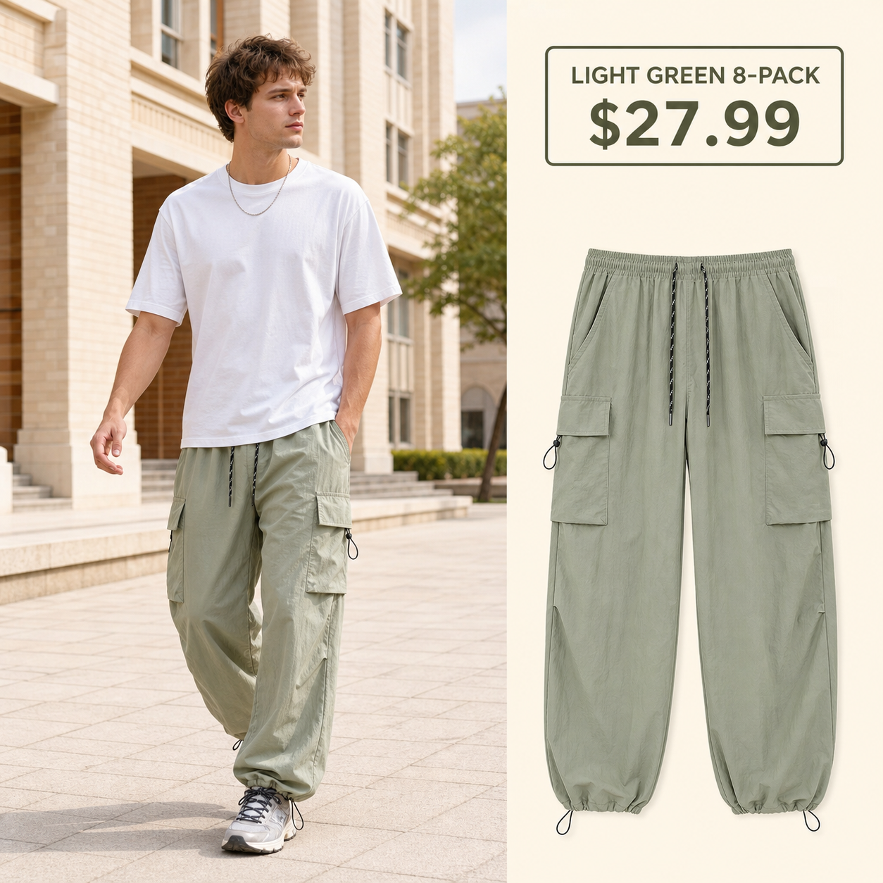 Light Green lightweight parachute cargo pants 8-Pack