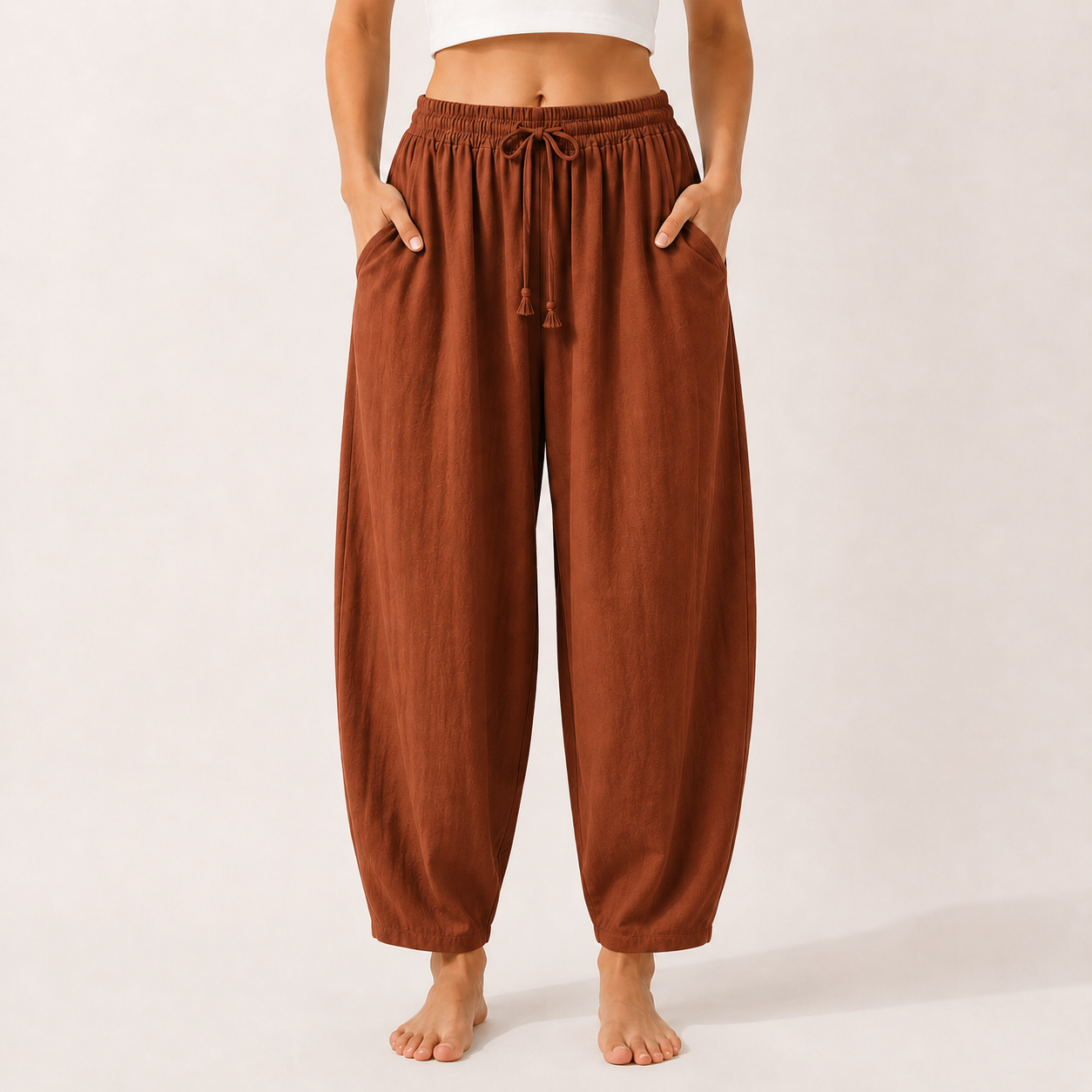 Rust brown linen blend wide leg palazzo pants front