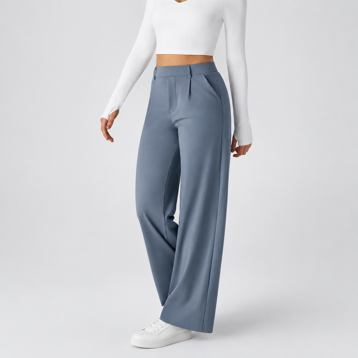 Steel Blue wide leg dress pants front view