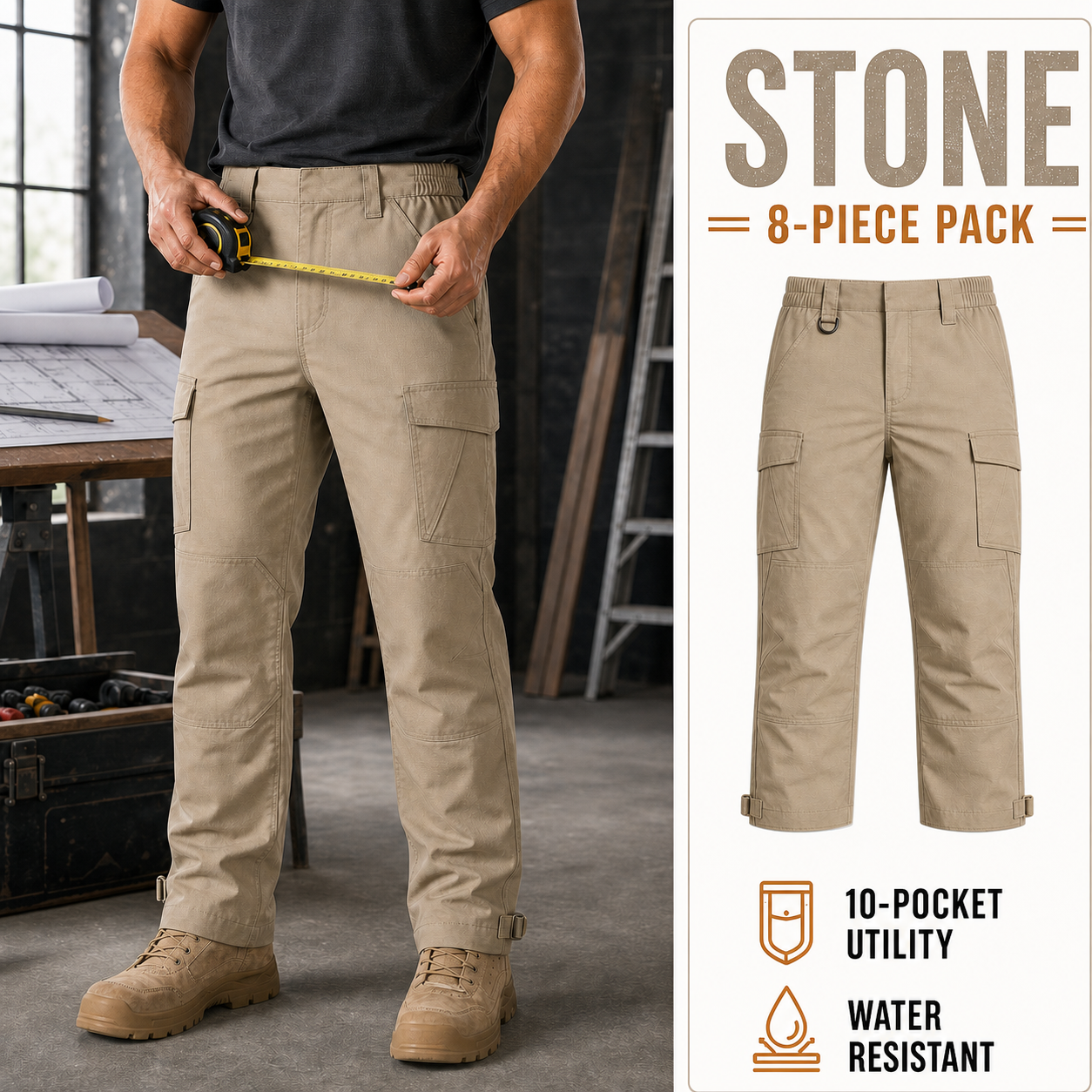 Stone 8-Pack lightweight ripstop tactical work pants