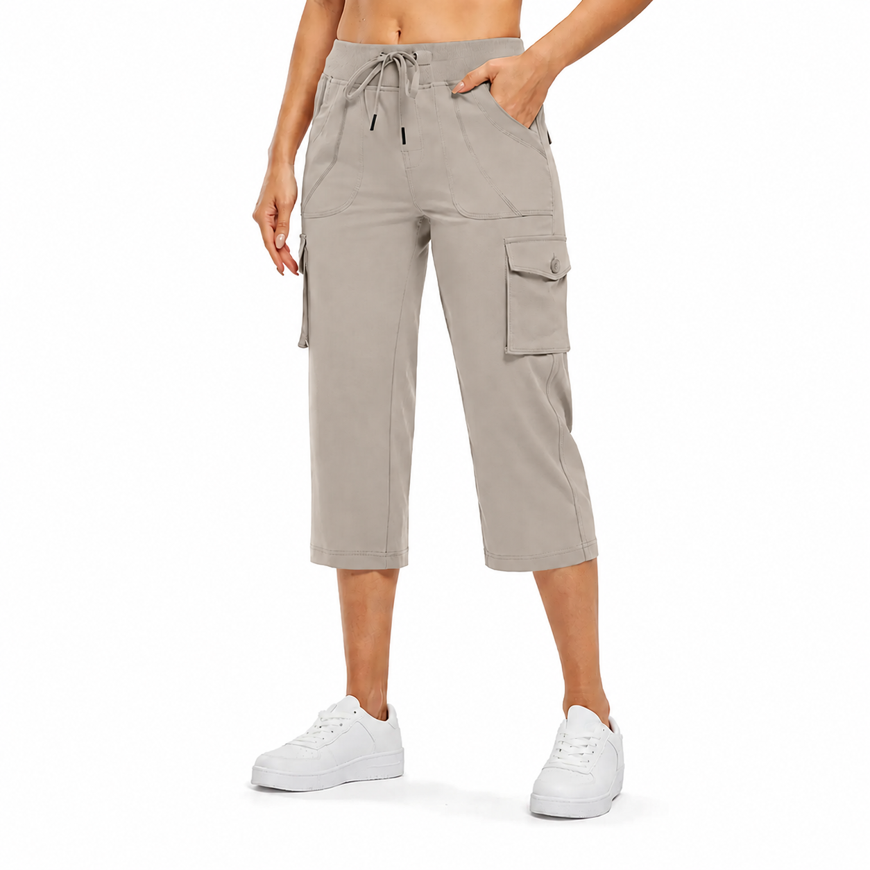 Stone Taupe cargo capri pants front view