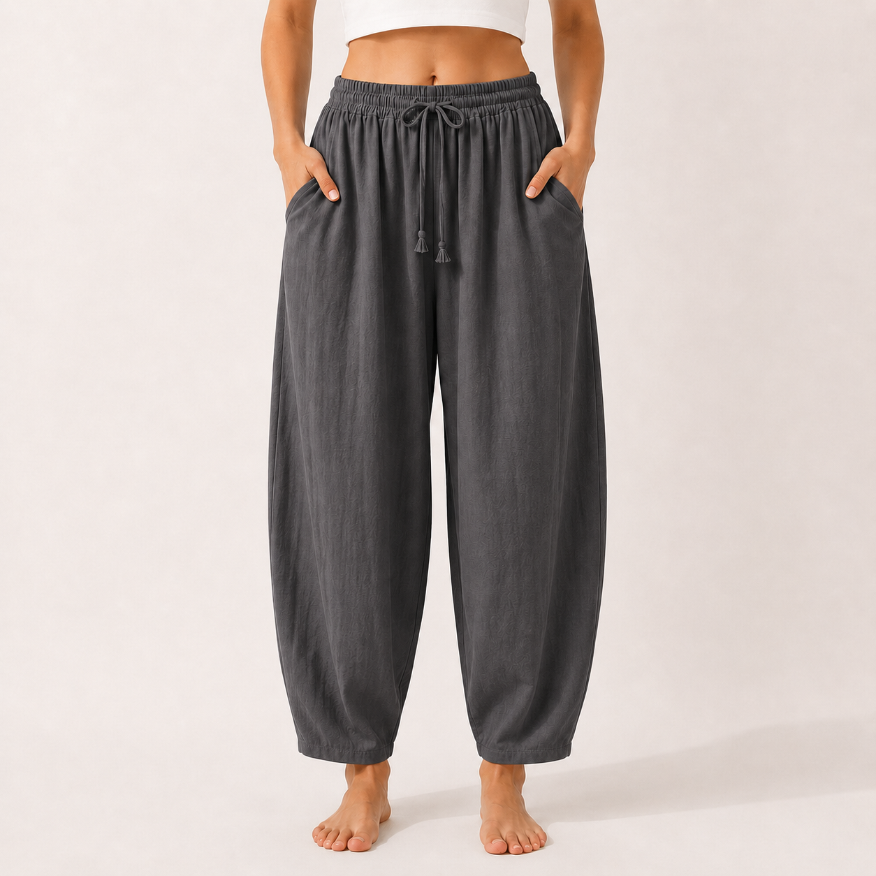 Dark gray linen blend wide leg palazzo pants front