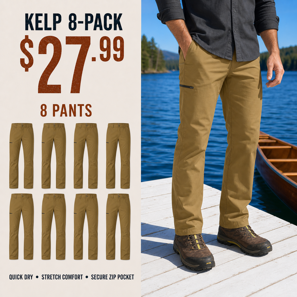 Kelp utility pants 8-Pack by a contrasting blue lake