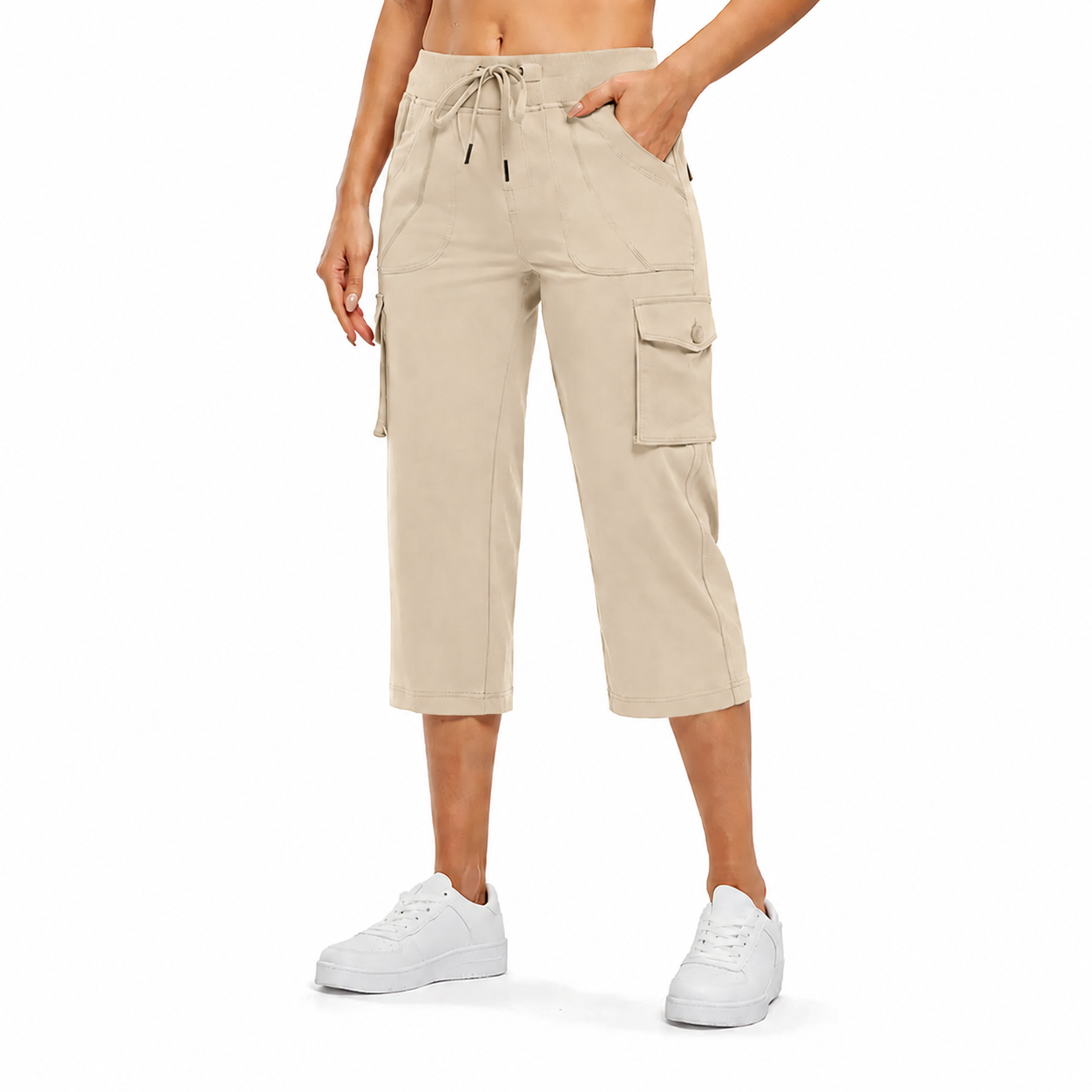 Khaki Sand cargo capri pants front view