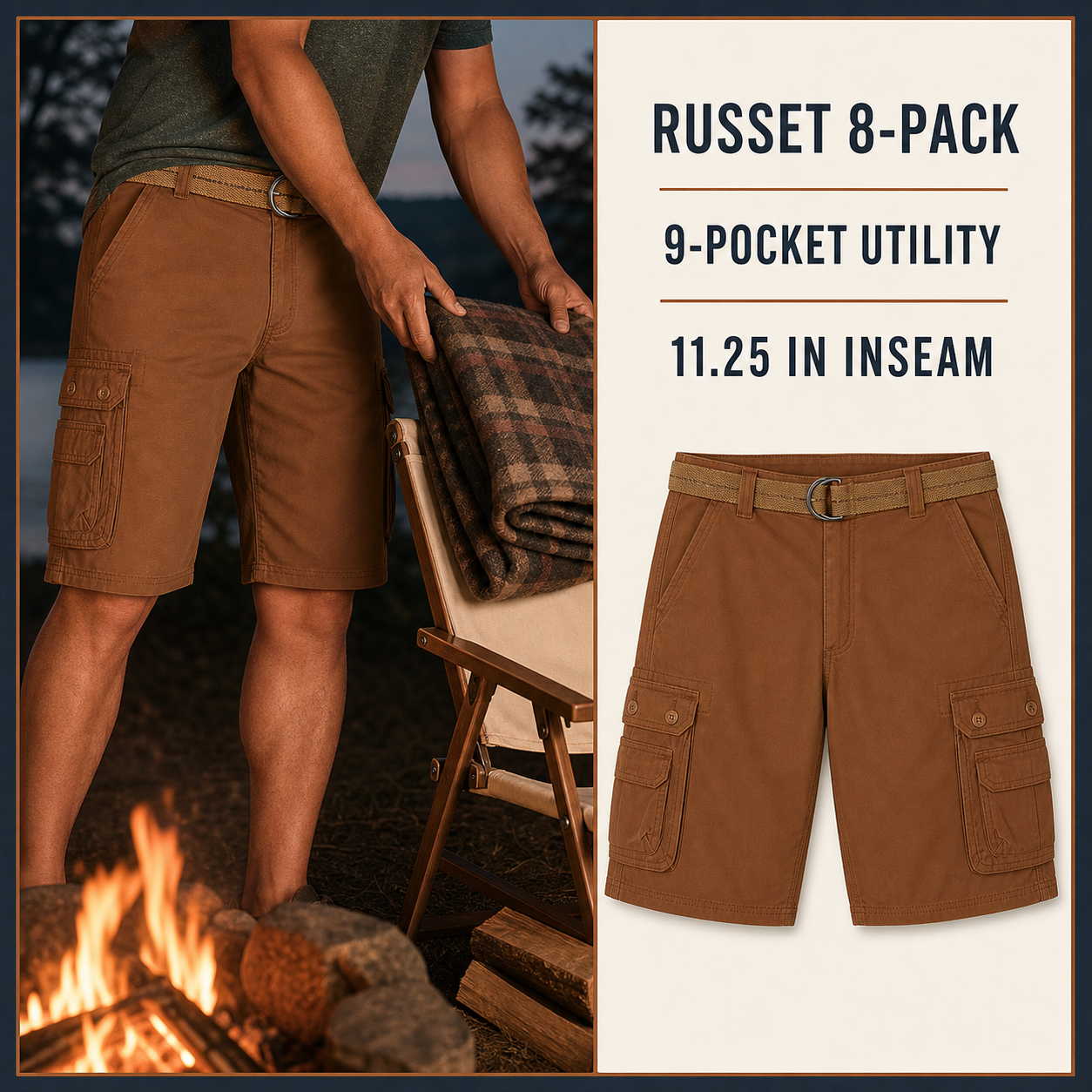 Russet 8-Pack cargo shorts at a campfire