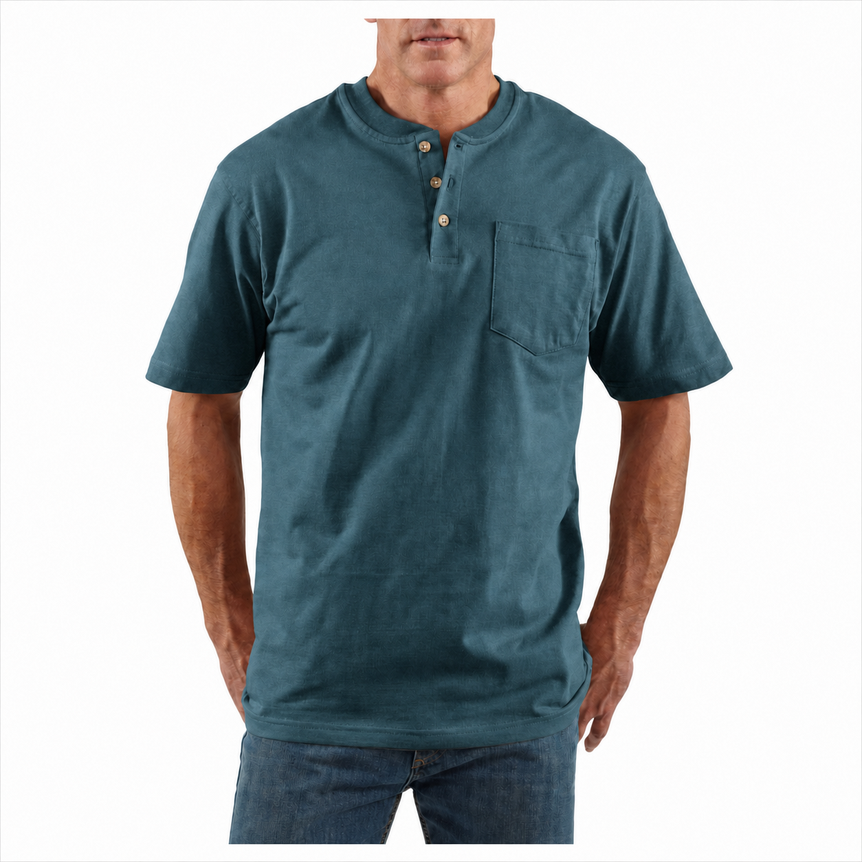 Slate Teal loose-fit midweight three-button pocket Henley front view