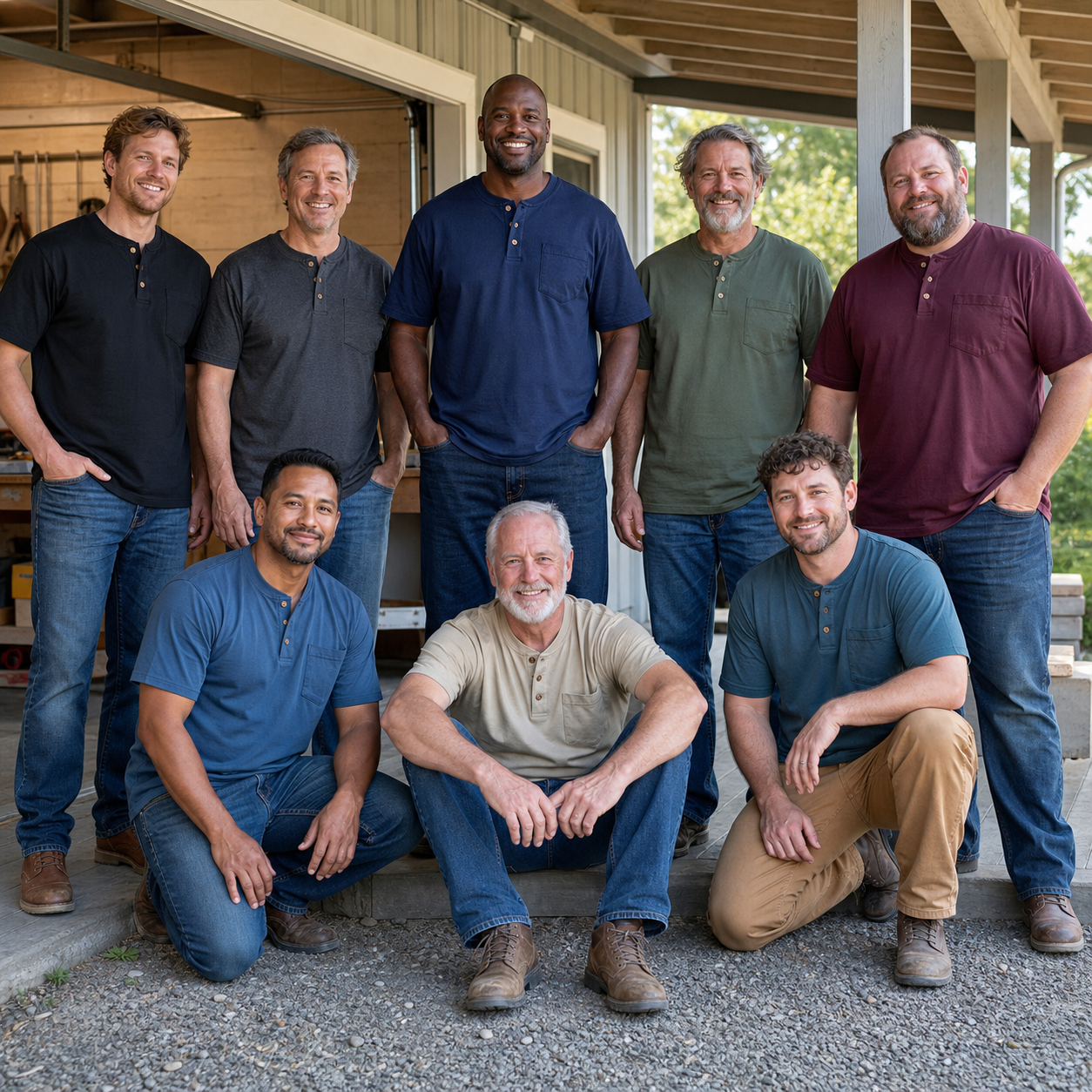 Eight men wearing the same loose-fit pocket Henley in eight colors