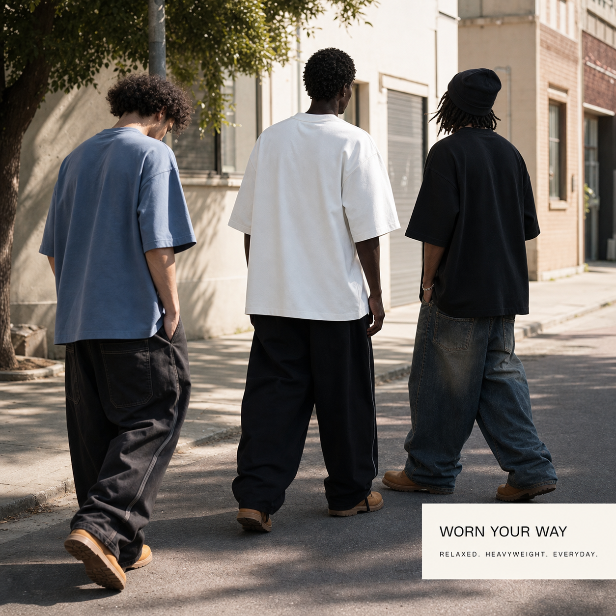 Heavyweight oversized cotton T-shirts worn in an everyday city scene