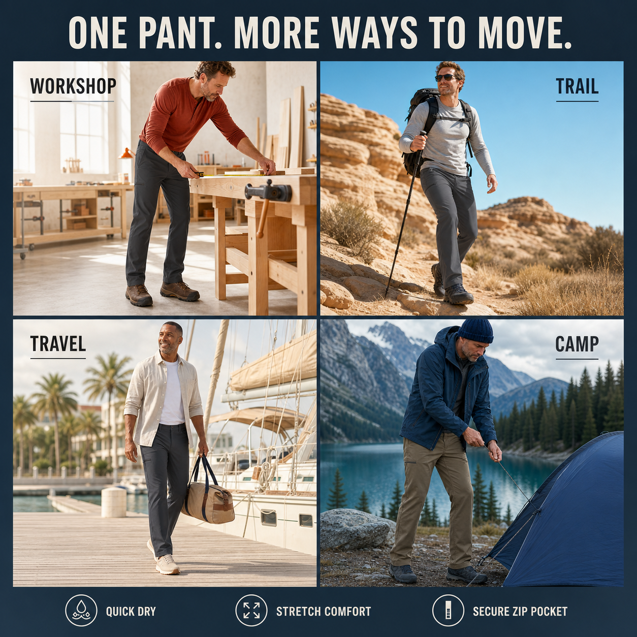 Men's utility pants for workshop trail travel and camping