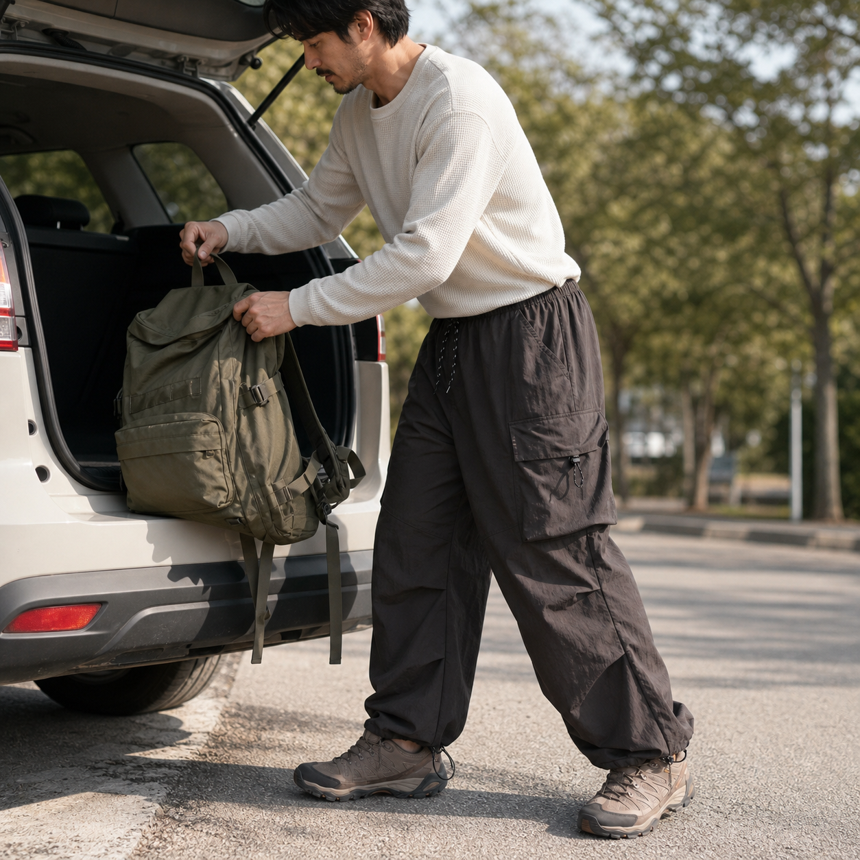 Parachute cargo pants in a natural everyday use setting