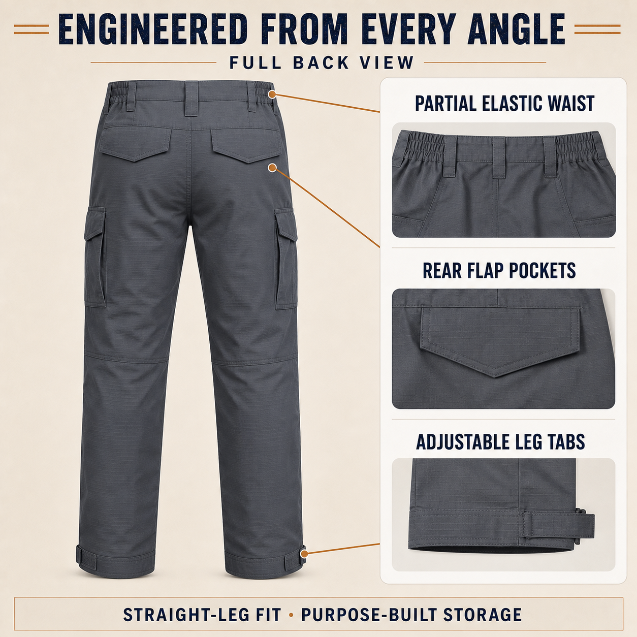 Back view of the 10-pocket ripstop tactical work pants