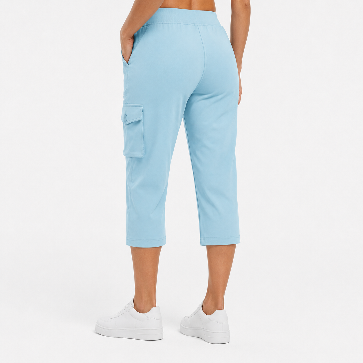 Sky Blue cargo capri pants back view