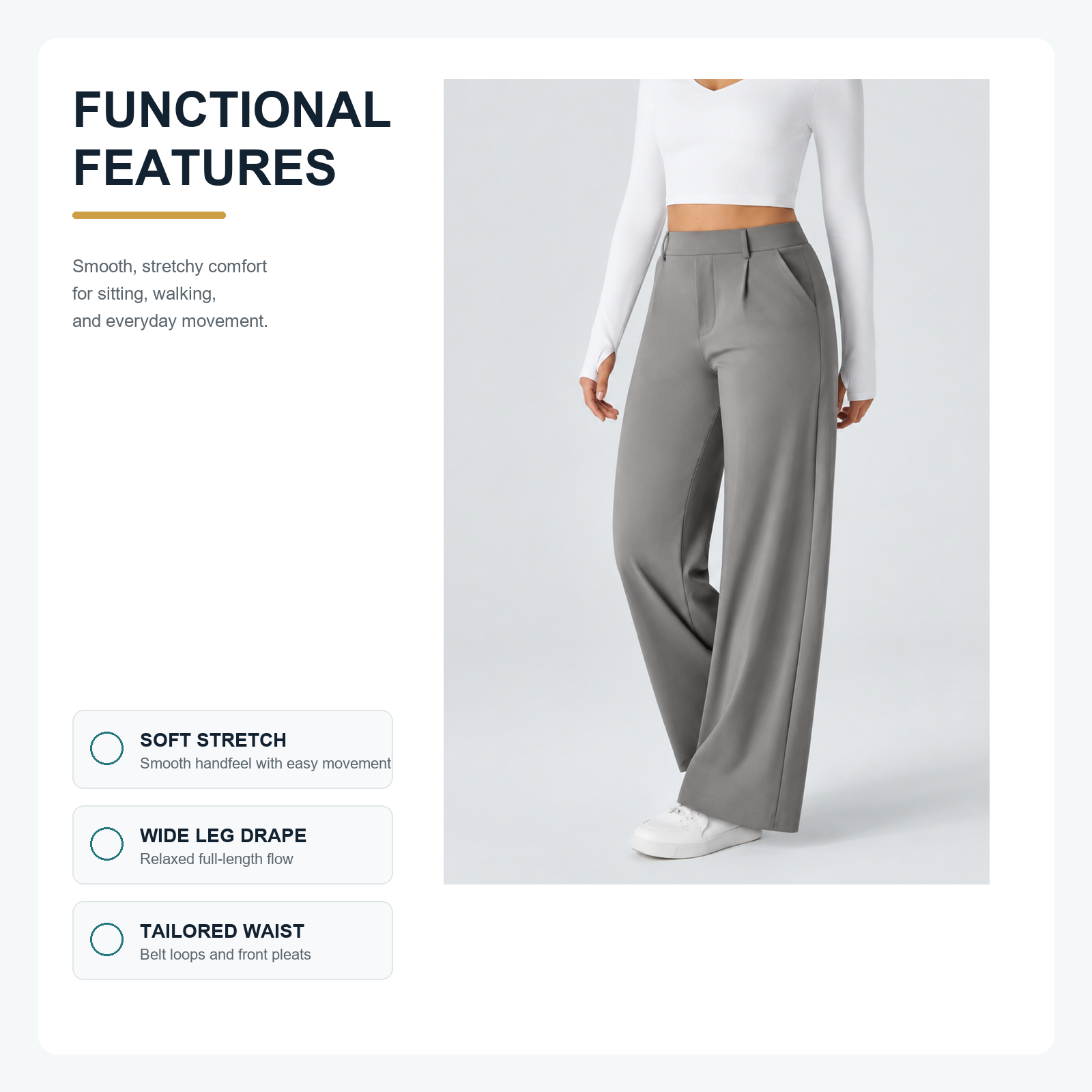 Soft stretch fabric and all day comfort details