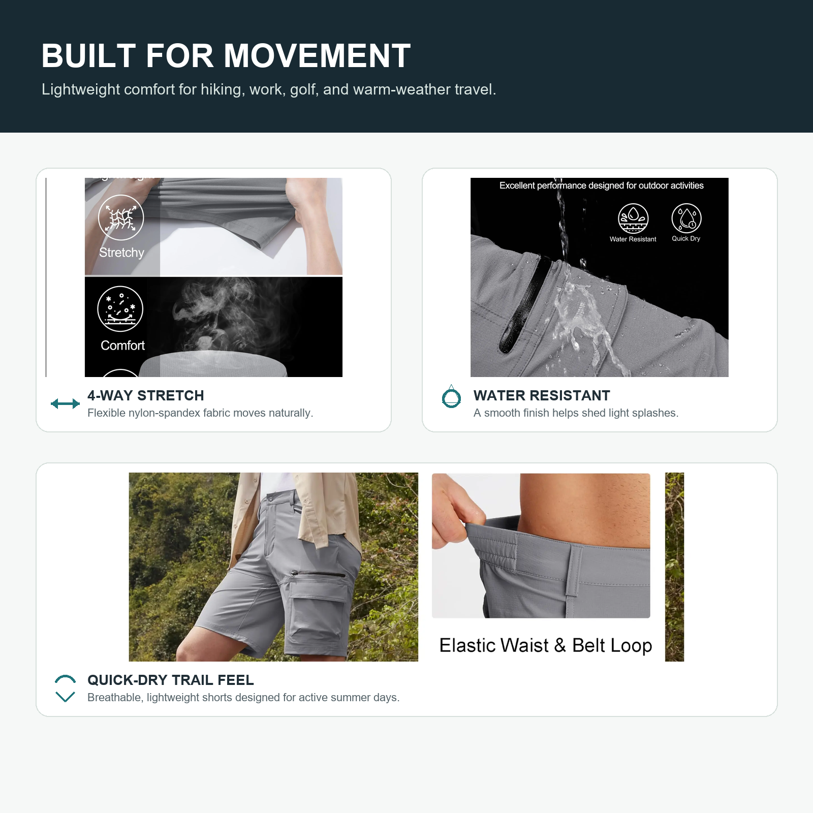 Built for movement quick dry cargo shorts detail