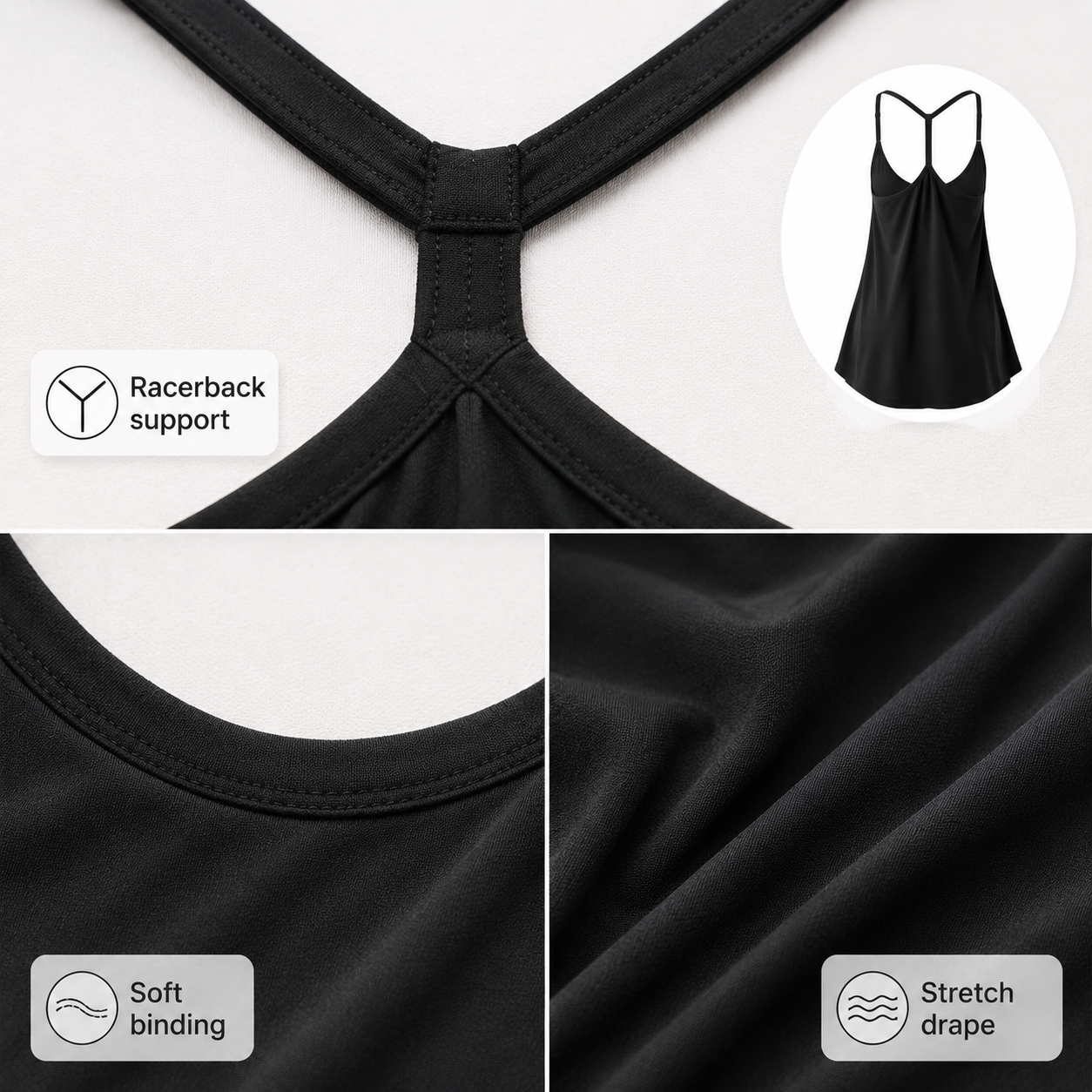 Racerback straps and built-in shorts detail