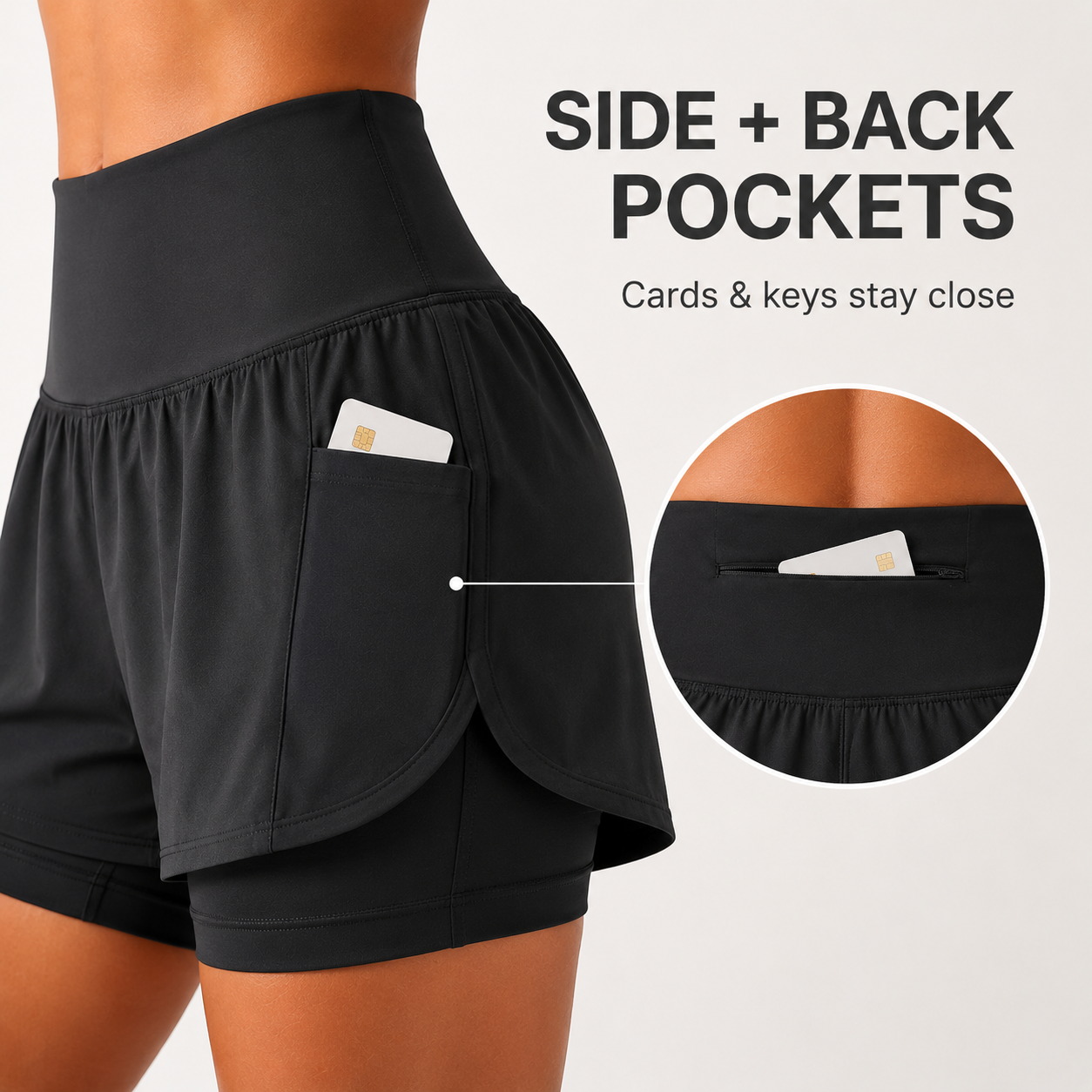 Side and back pockets detail for 2-in-1 yoga shorts