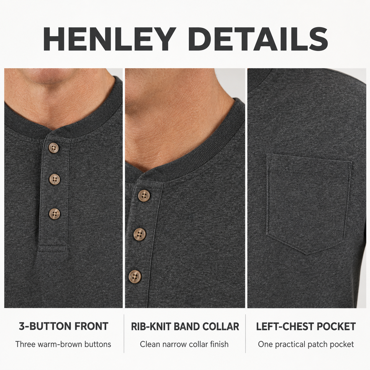 Three-button Henley band collar and left chest pocket details