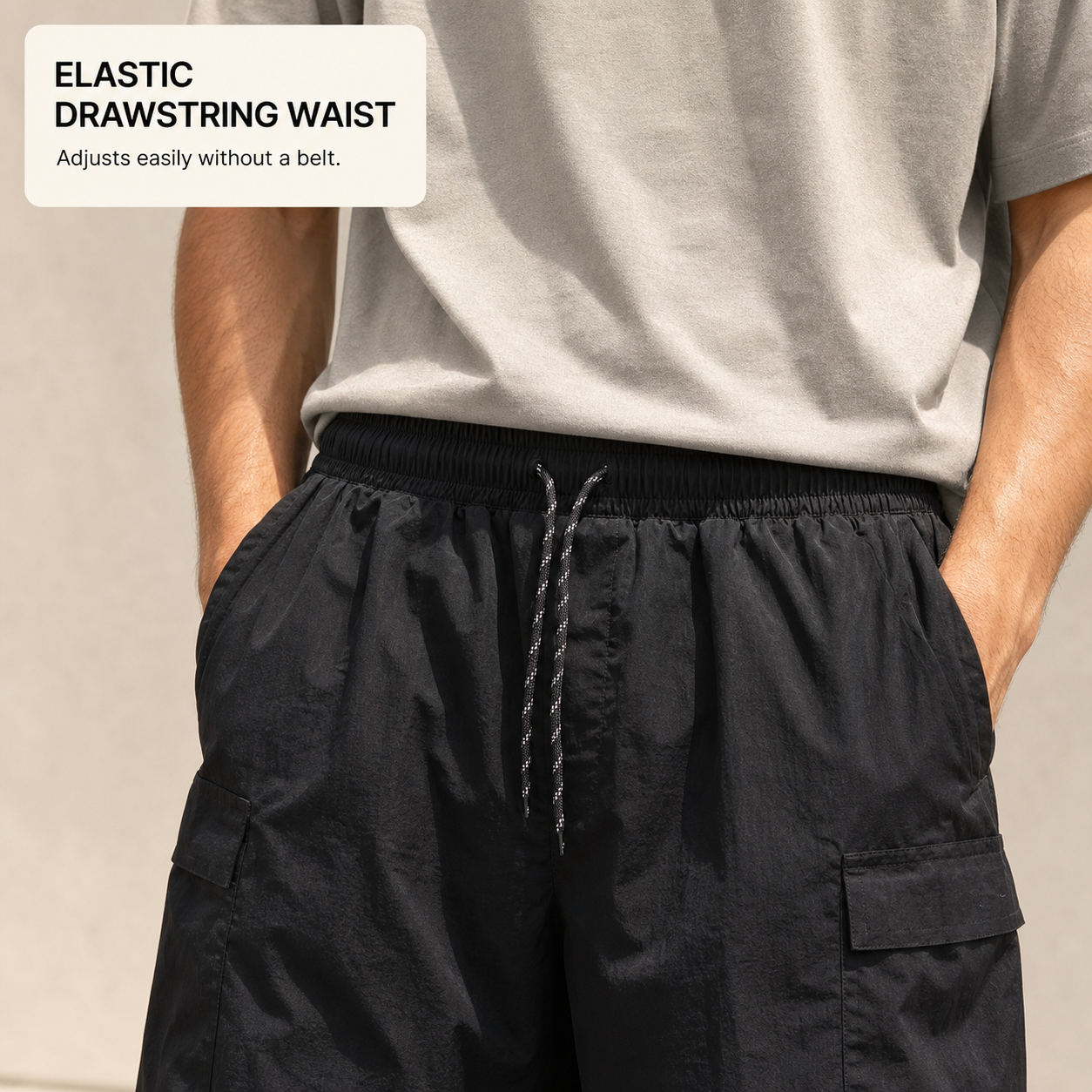 Elastic waistband and drawcord detail