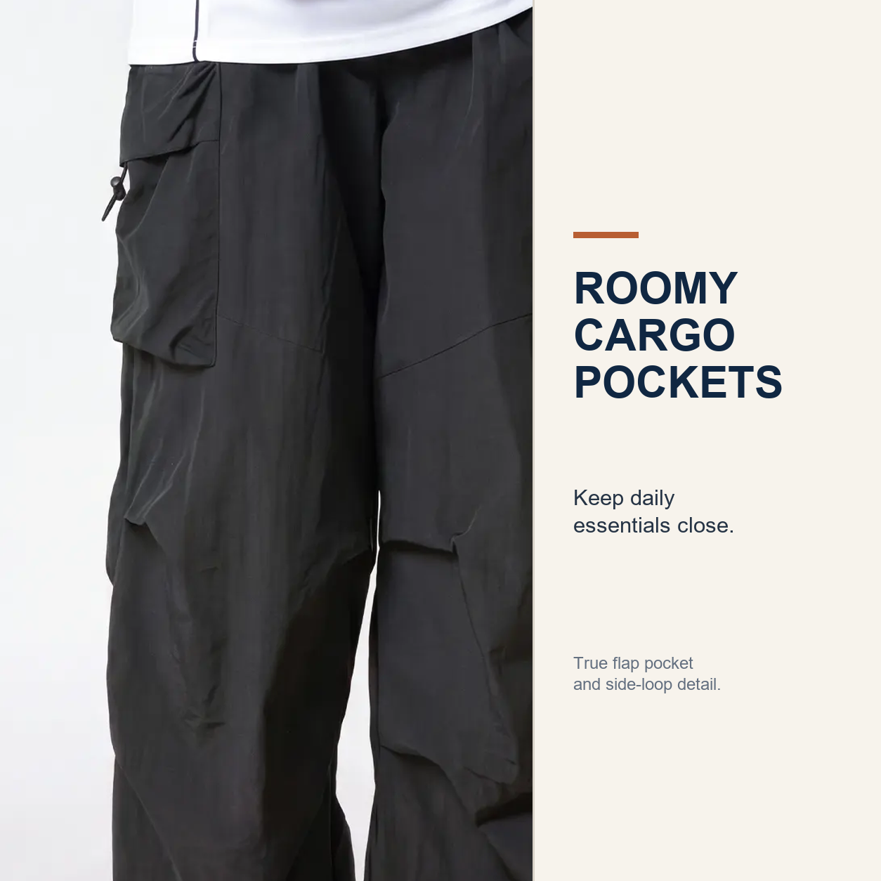 Exact-product outer-thigh flap cargo pocket with side loop