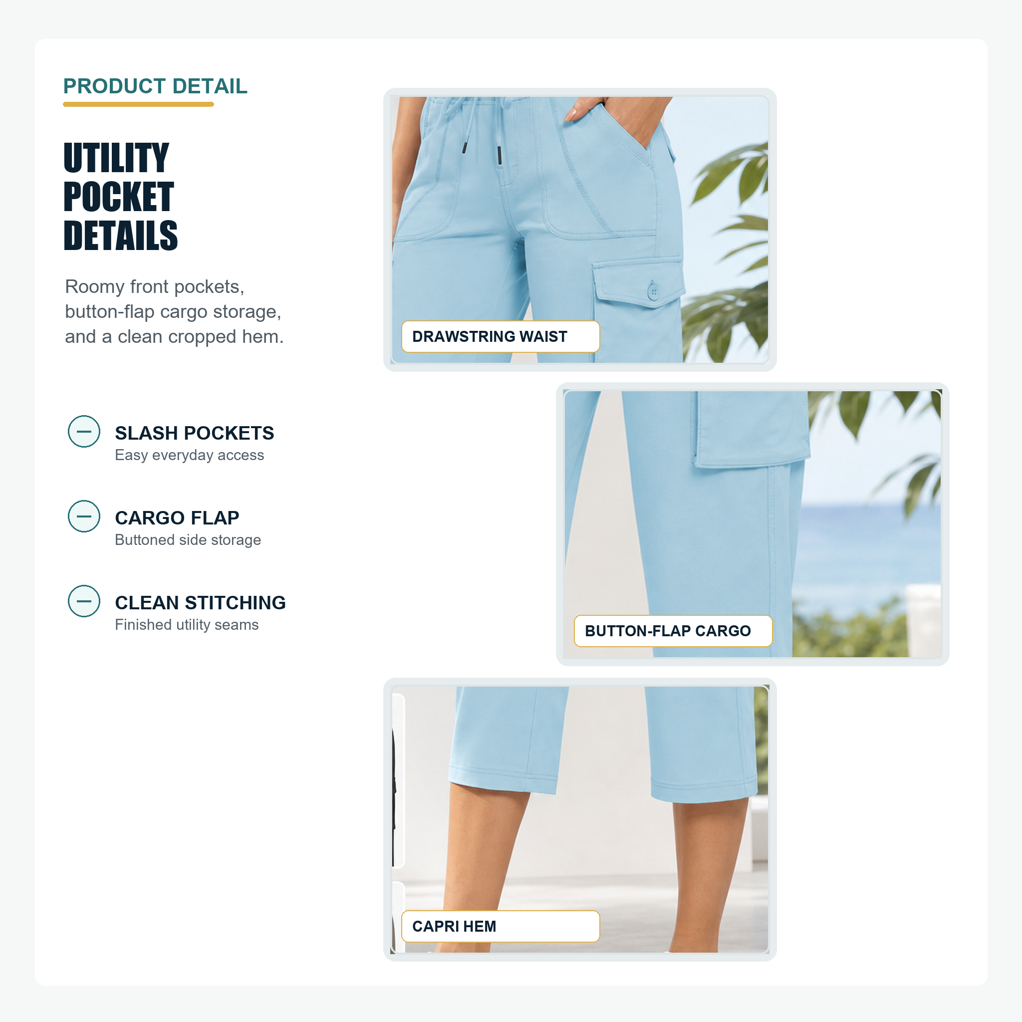 Cargo pocket and cropped hem details