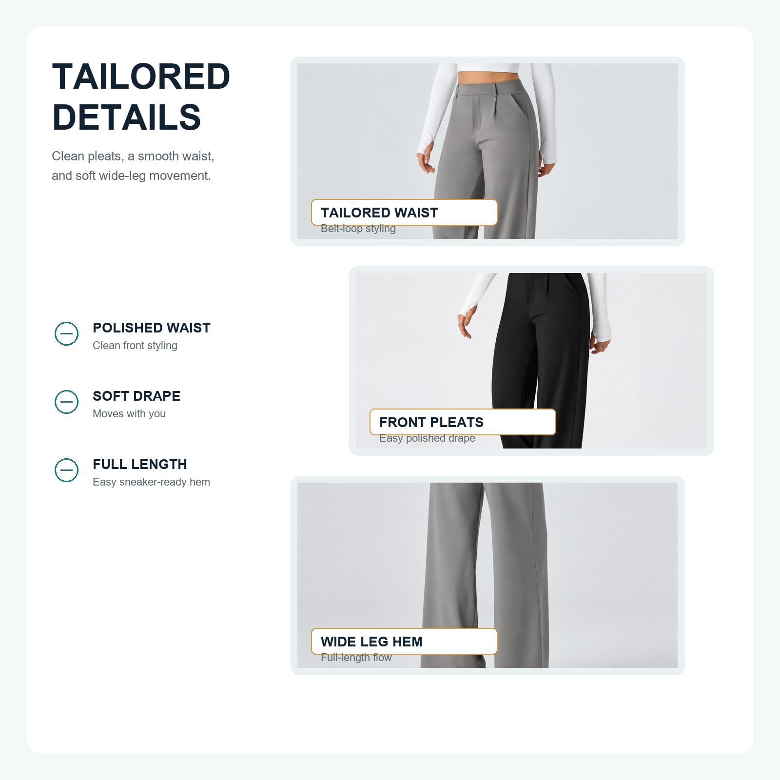 Tailored waist pleat and wide leg drape details