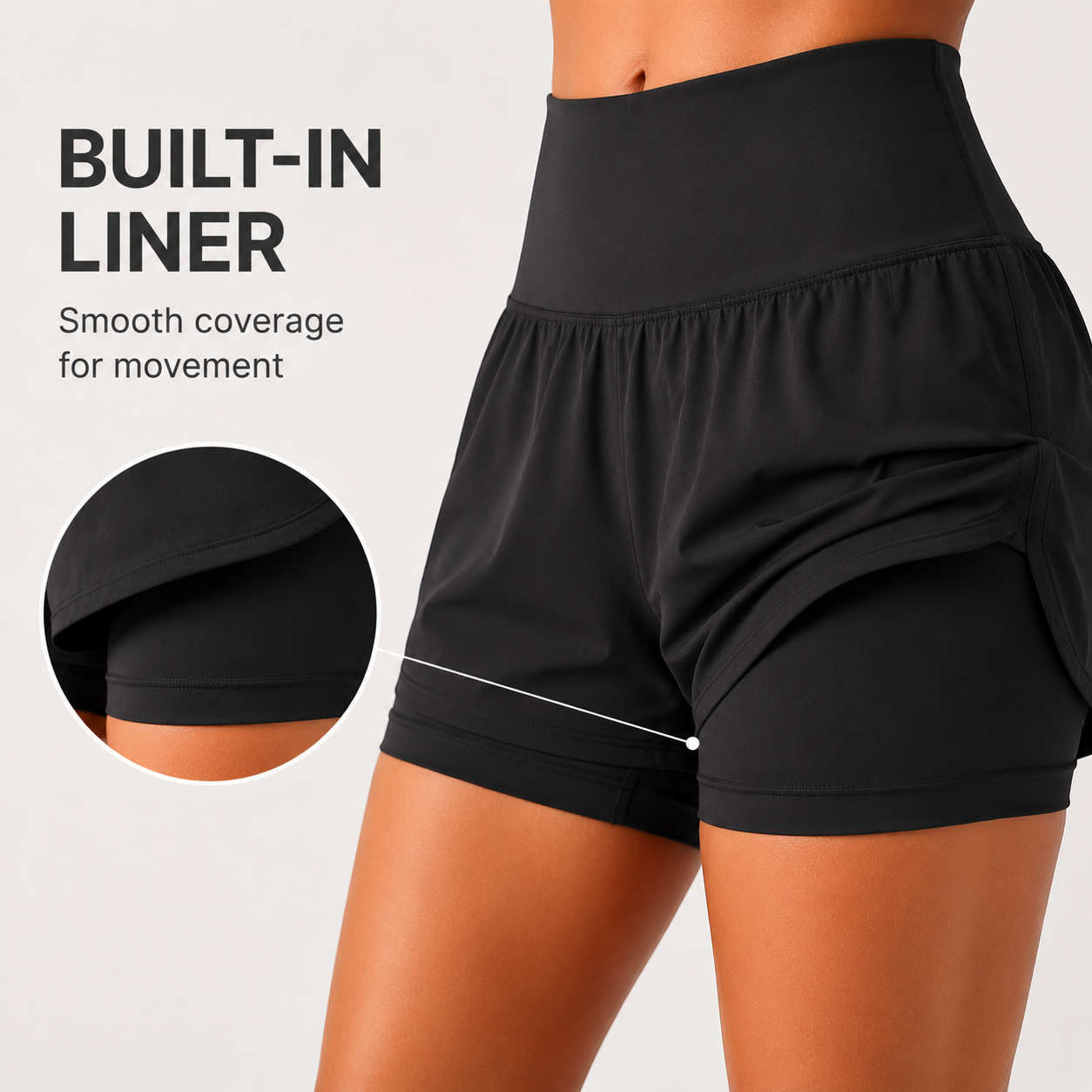 Built-in liner detail for 2-in-1 yoga shorts