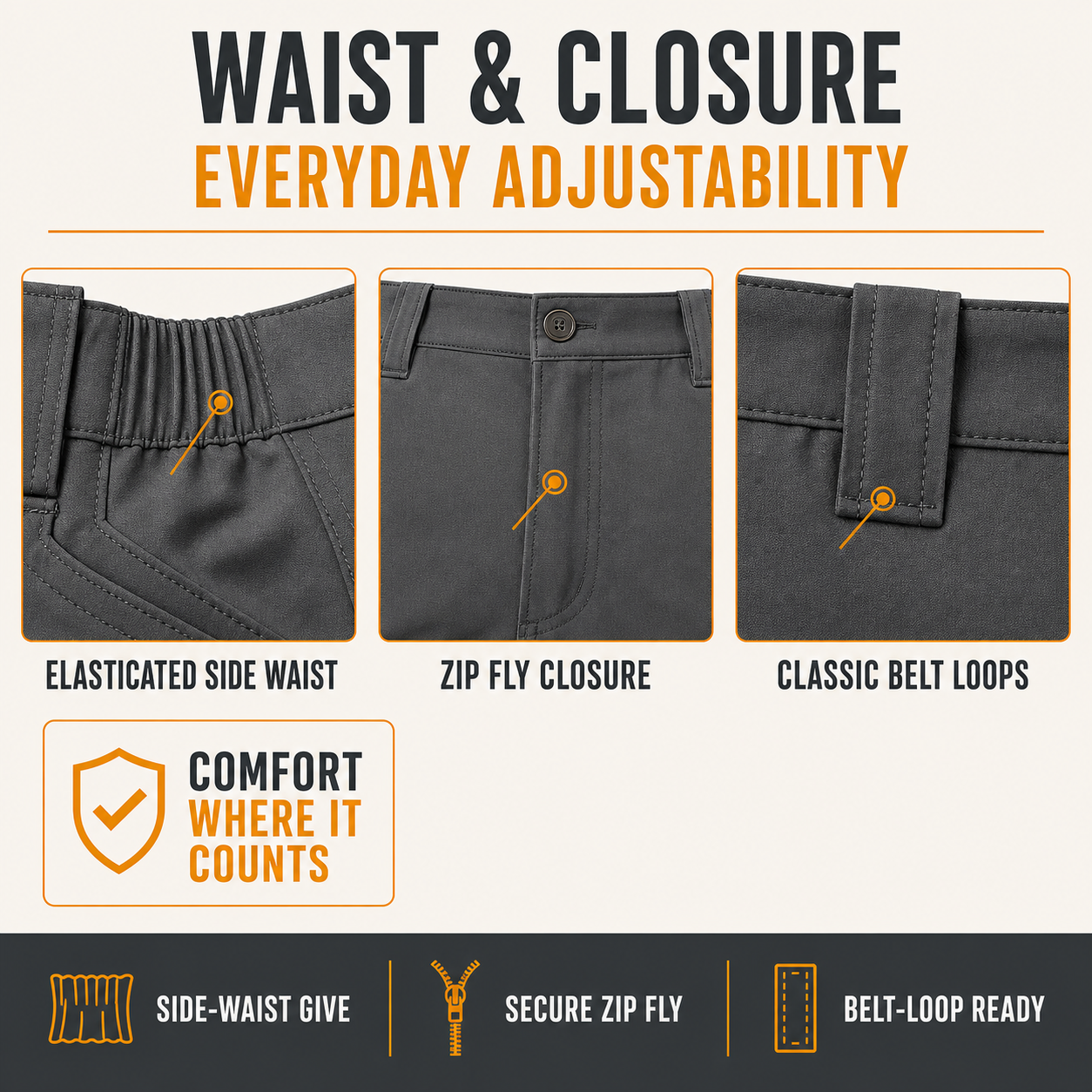Elasticated side waist zip fly and empty belt-loop detail