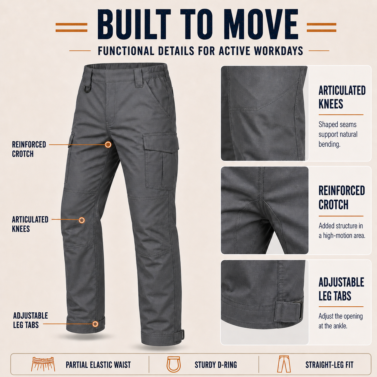 Partial elastic waist and articulated knee construction detail