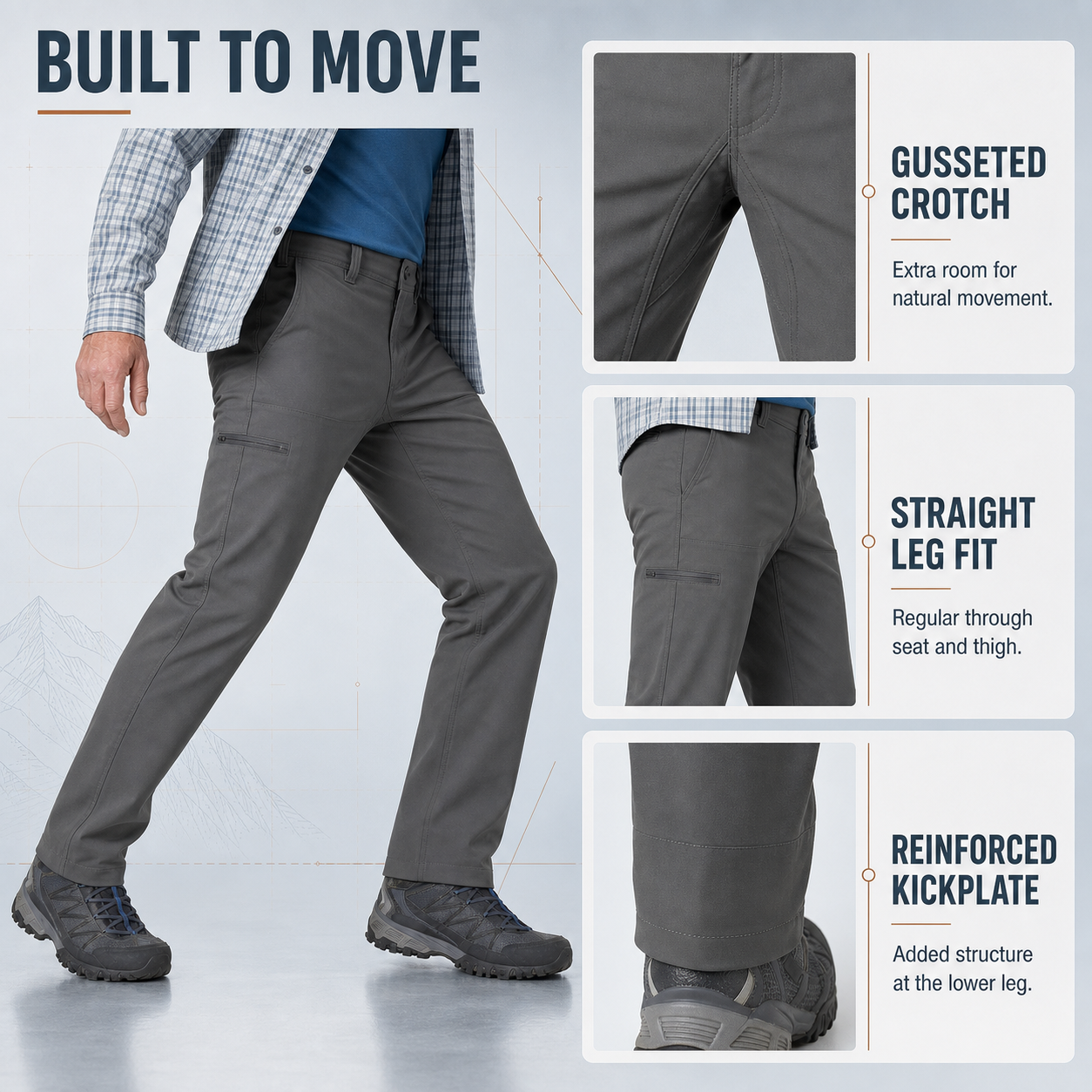 Utility pant fabric and movement details