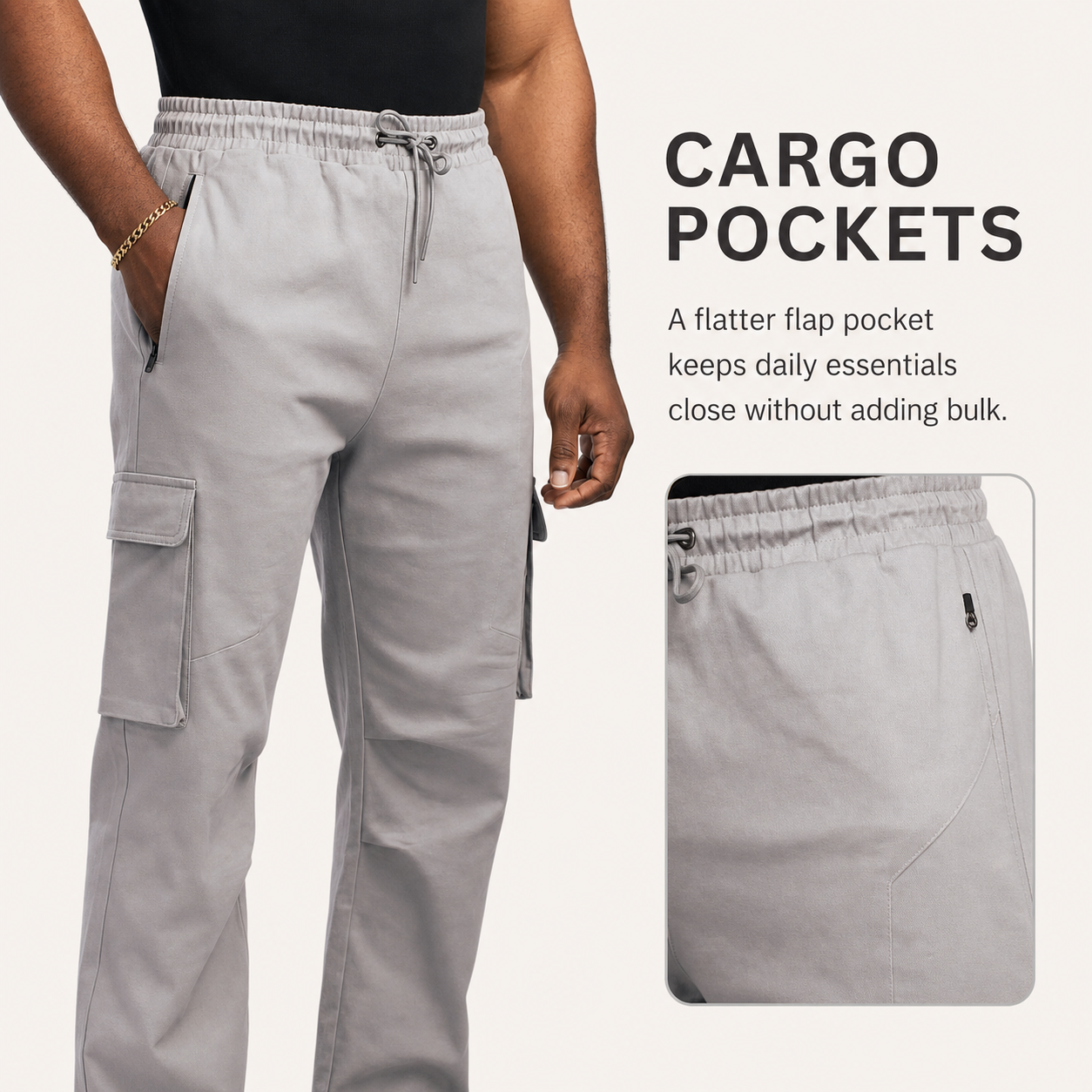 Flap cargo pocket construction shown in a natural daily-use scene