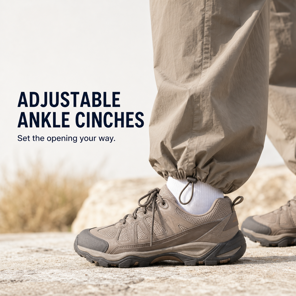 Adjustable gathered ankle cinch detail