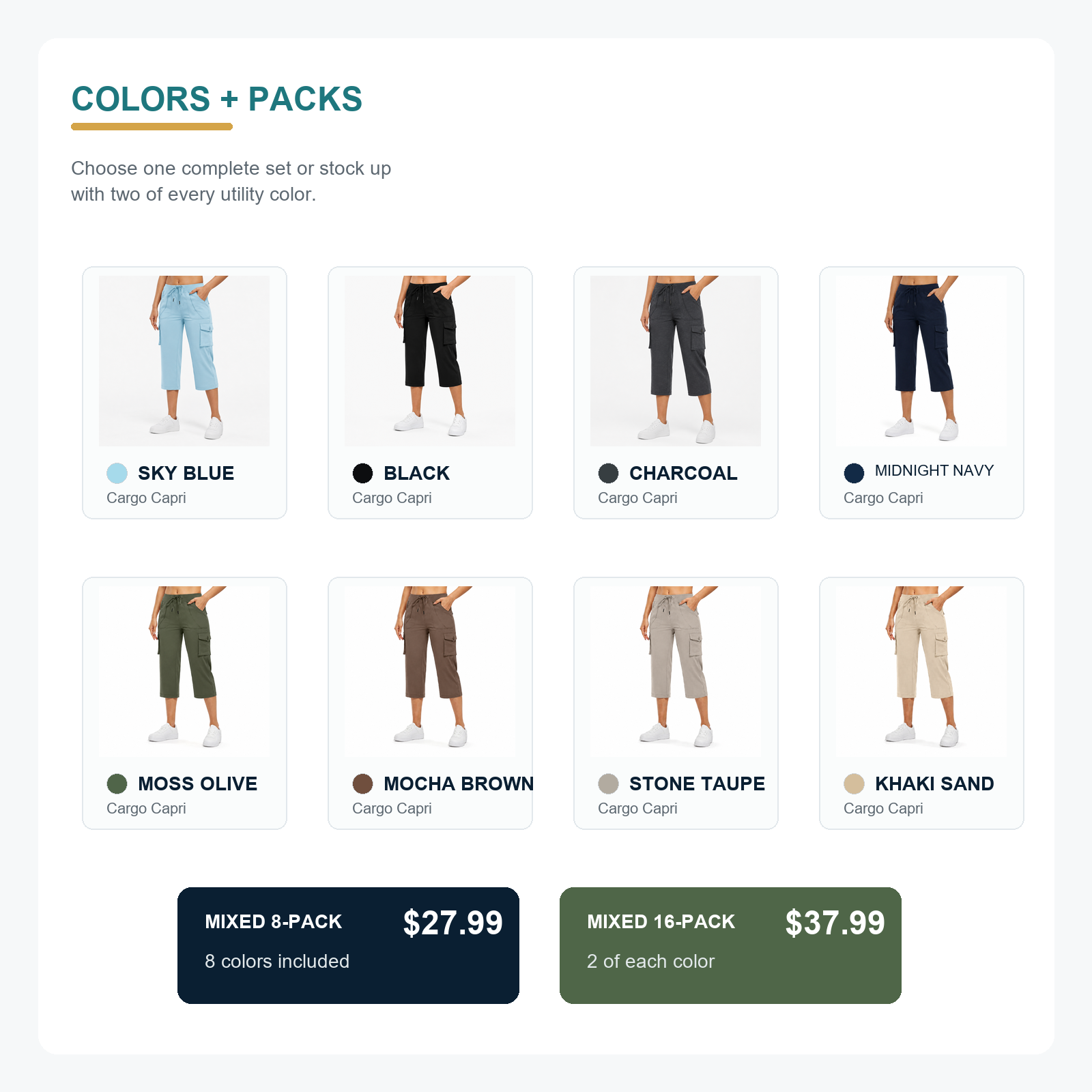 Cargo capri pants colors and pack options