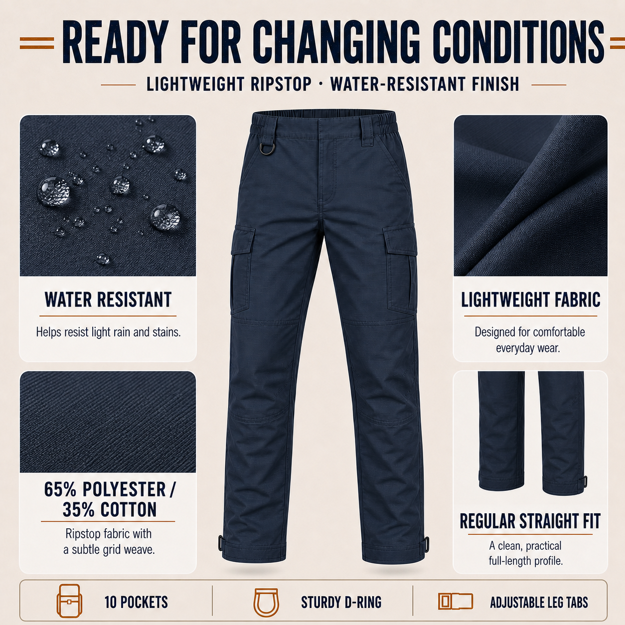 Ripstop fabric and adjustable leg tab detail